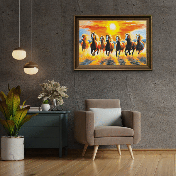 Canvas Print | Horizon Runners | Vastu/Feng Shui compatible | 7 Lucky Running Horses on Water, Sunrise - Image 2