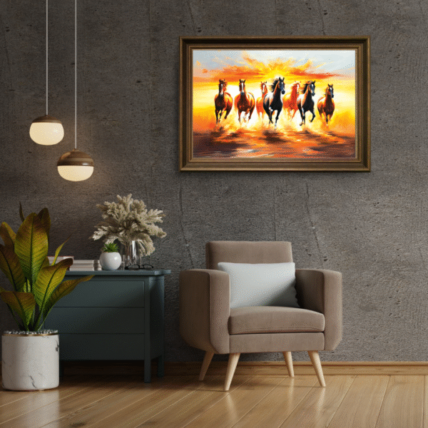 Canvas Print | Energetic Stallions | Big size Vastu/Feng Shui Digital Art Print of 7 Lucky running Horses on water | Premium Canvas - Image 2