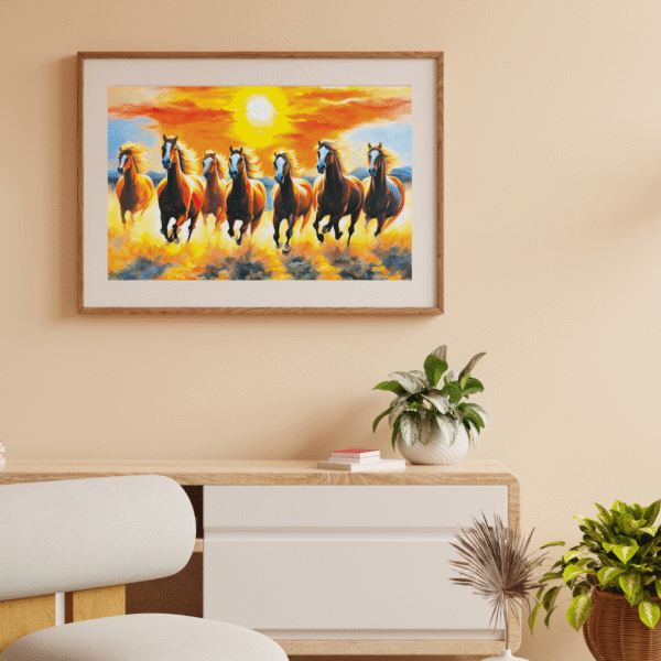 Canvas Print | Horizon Runners | Vastu/Feng Shui compatible | 7 Lucky Running Horses on Water, Sunrise
