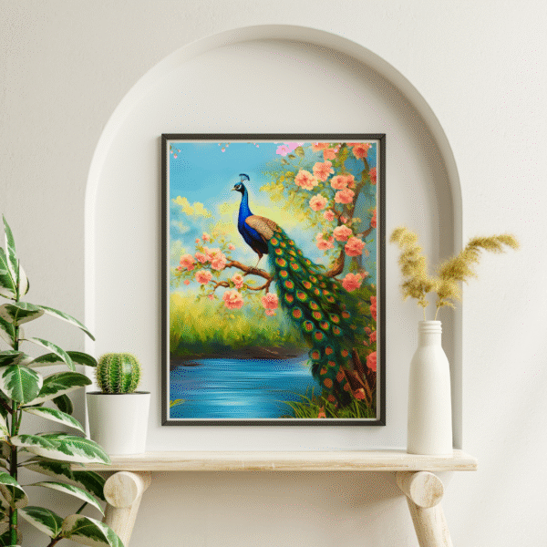 Majestic peacock perched on a flowering tree branch beside a calm water body, printed on canvas for Vastu-inspired wall decor.