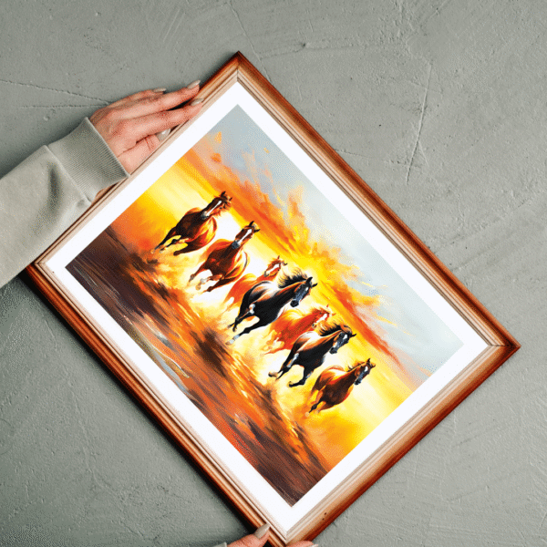 Canvas Print | Energetic Stallions | Big size Vastu/Feng Shui Digital Art Print of 7 Lucky running Horses on water | Premium Canvas
