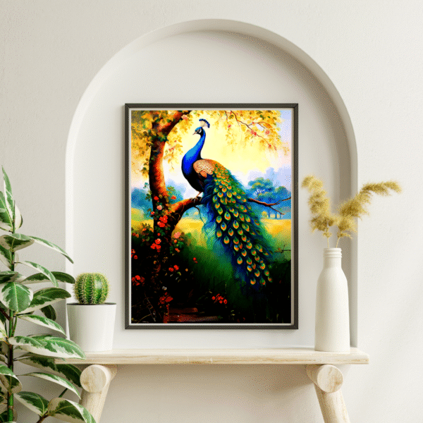 Peacock painting for Vastu – colorful peacock perched on tree in lush garden, canvas wall art