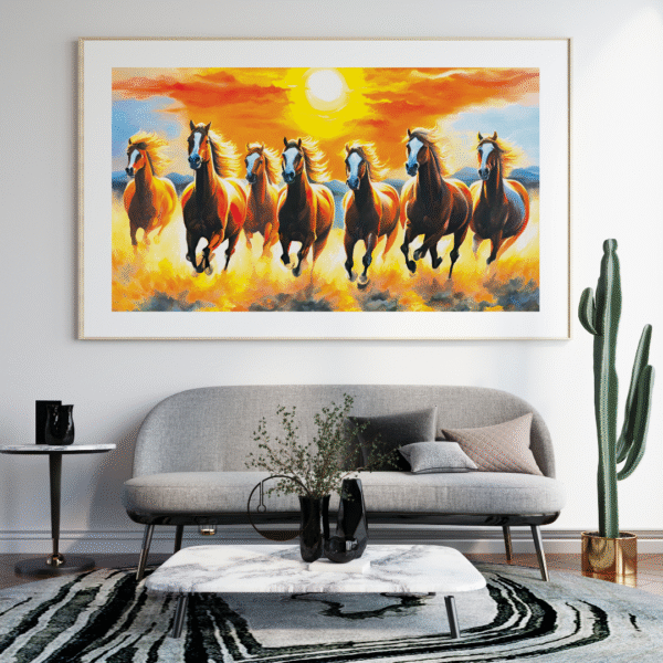 Canvas Print | Horizon Runners | Vastu/Feng Shui compatible | 7 Lucky Running Horses on Water, Sunrise - Image 4