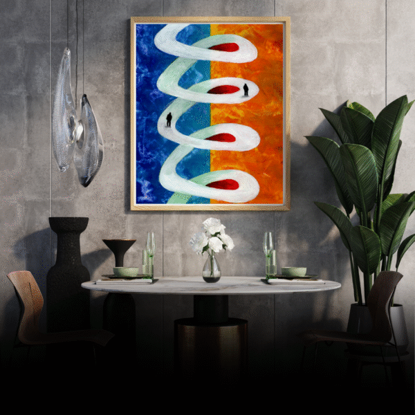 Abstract spiral life journey art print with human silhouettes walking through blue and gold tones, symbolizing transformation and growth on canvas.