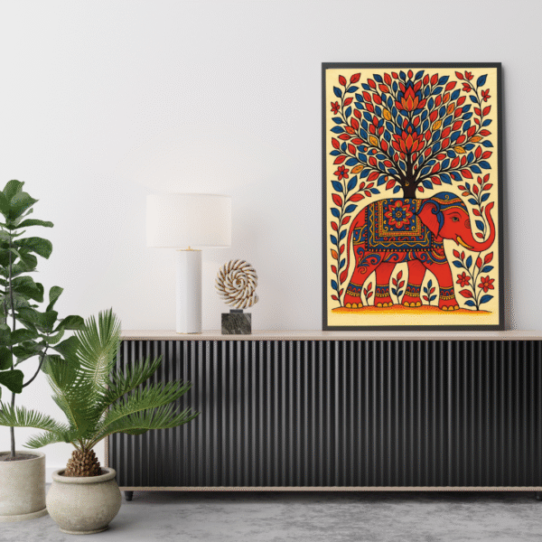 Ethnic Indian art print featuring a red elephant and stylized foliage in Kalamkari style