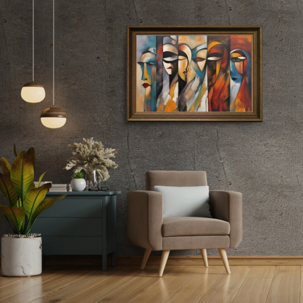 Feminine abstract wall art on canvas with expressive brushstrokes and vibrant shapes celebrating womanhood