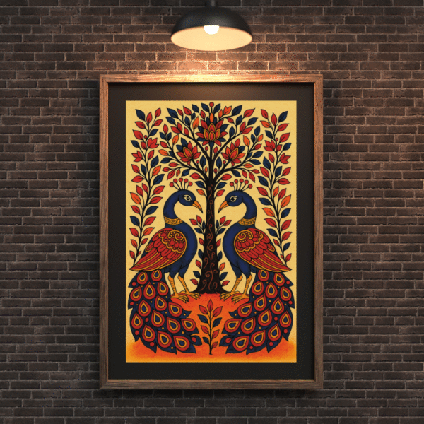 Kalamkari-style wall art featuring a pair of peacocks beneath the Tree of Life in red, blue, and gold tones on unframed cream canvas