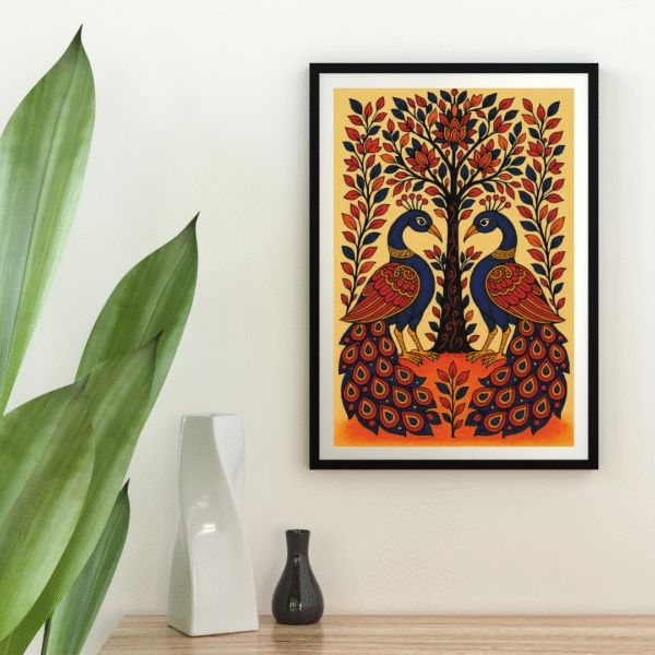 Traditional Kalamkari Peacock Wall Art – Pair of Peacocks with Tree of Life Design Canvas Print - Image 4