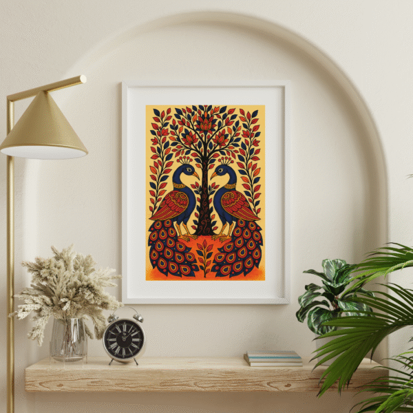 Traditional Kalamkari Peacock Wall Art – Pair of Peacocks with Tree of Life Design Canvas Print - Image 5