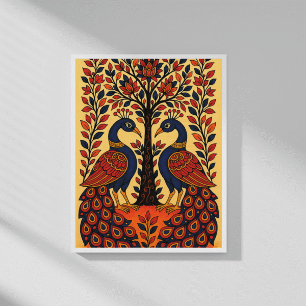 Traditional Kalamkari Peacock Wall Art – Pair of Peacocks with Tree of Life Design Canvas Print - Image 6