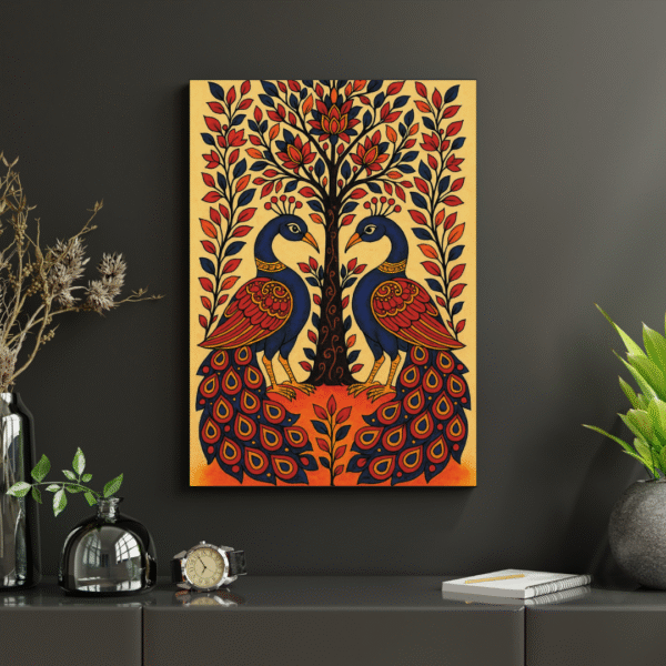 Traditional Kalamkari Peacock Wall Art – Pair of Peacocks with Tree of Life Design Canvas Print - Image 7