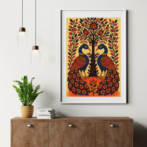 Traditional Kalamkari Peacock Wall Art – Pair of Peacocks with Tree of Life Design Canvas Print - Image 9