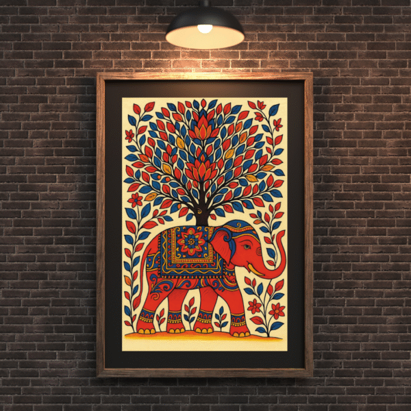 Colorful Kalamkari wall decor with detailed elephant and symbolic tree design