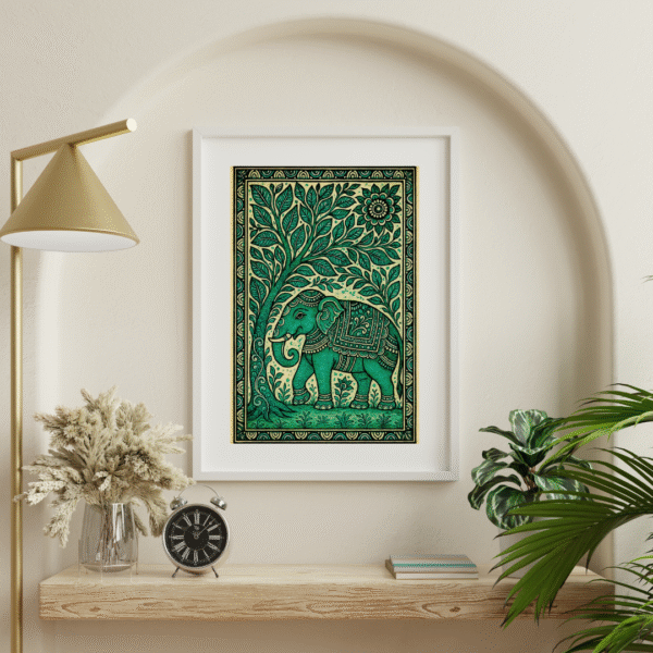 Green Kalamkari Elephant Wall Art – Unframed Canvas Poster