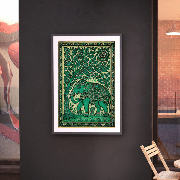 Traditional Kalamkari Elephant Wall Art with Tree of Life in Green on Canvas