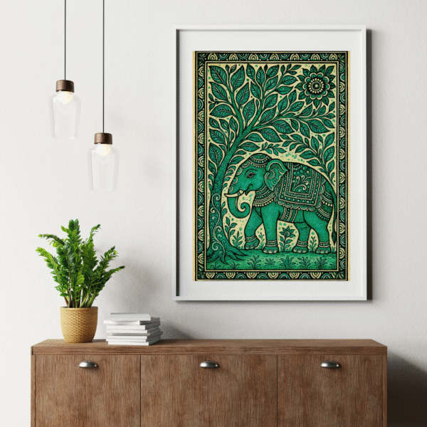 Handcrafted Kalamkari Elephant Wall Art in Emerald Green