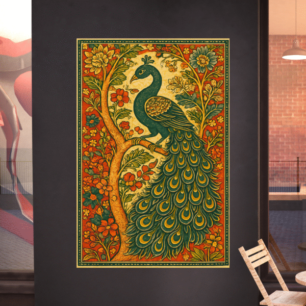 Kalamkari Peacock Canvas Print – Indian folk art peacock painting on rolled canvas for Vastu decor