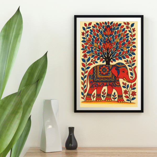 Kalamkari Elephant Wall Art – Unframed Tree of Life Canvas Print in Red, Blue & Yellow | Traditional Indian Folk Decor - Image 3