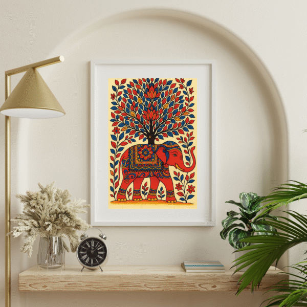 Kalamkari Elephant Wall Art – Unframed Tree of Life Canvas Print in Red, Blue & Yellow | Traditional Indian Folk Decor - Image 4