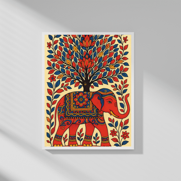 Kalamkari Elephant Wall Art – Unframed Tree of Life Canvas Print in Red, Blue & Yellow | Traditional Indian Folk Decor - Image 5