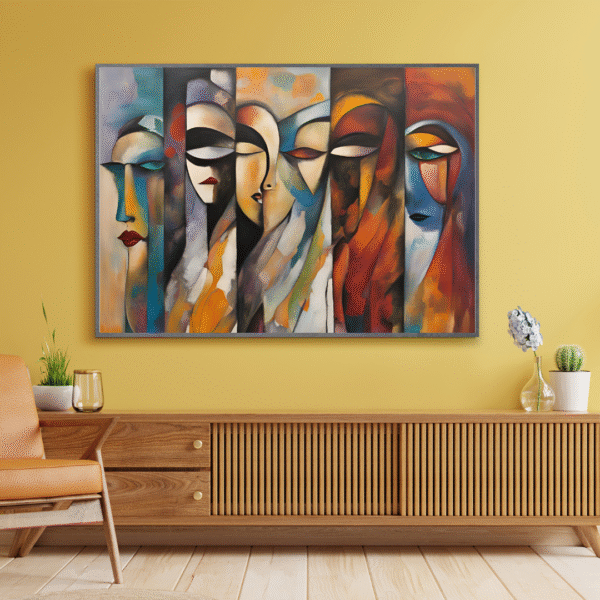 Vibrant abstract canvas wall art depicting six stylized feminine faces with bold colors and expressive brushstrokes, ideal for modern home or office decor