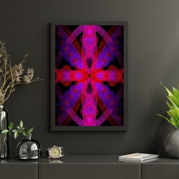 Crimson and violet mandala canvas print featuring geometric abstract wall decor with glowing symmetrical patterns on a black background