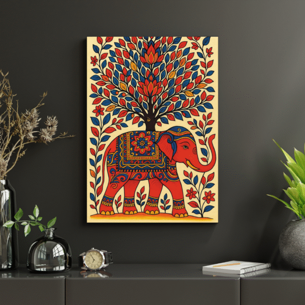 Traditional Indian folk art wall print of elephant and Tree of Life in red, blue, and yellow