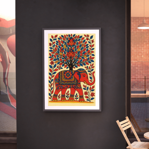 Vibrant Kalamkari elephant canvas print with multicolored Tree of Life motif