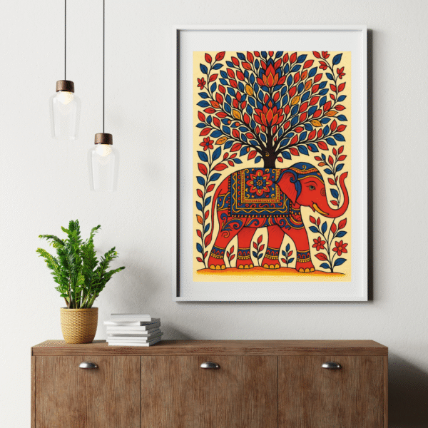 Kalamkari Elephant Wall Art with Tree of Life in red, blue, and yellow traditional Indian folk design