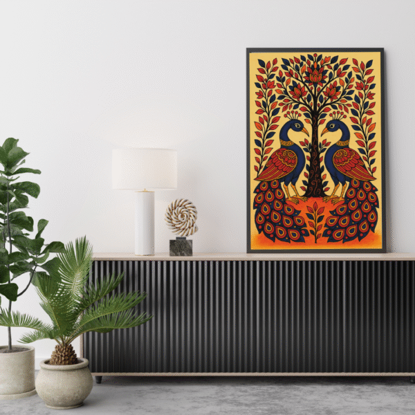 Traditional Kalamkari Peacock Wall Art – Pair of Peacocks with Tree of Life Design Canvas Print - Image 2