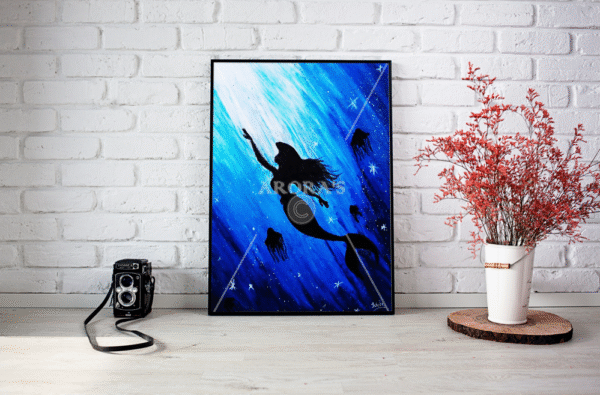 Underwater Fantasy Canvas Print titled ‘Ocean’s Whisper’ featuring a graceful mermaid silhouette swimming upward in deep midnight blue waters, surrounded by delicate jellyfish and twinkling bubbles.
