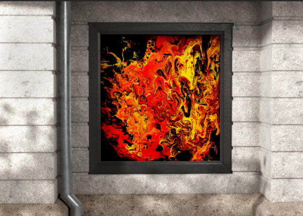 Abstract fire-themed canvas print with swirling crimson, gold, and black acrylic pour design on premium rolled canvas