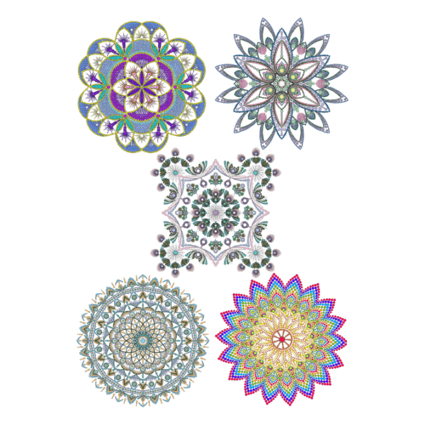 Mandala art sticker set of 5 with each sticker featuring intricate, colorful circular patterns with a glossy finish, perfect for decorating laptops, notebooks, and other smooth surfaces.