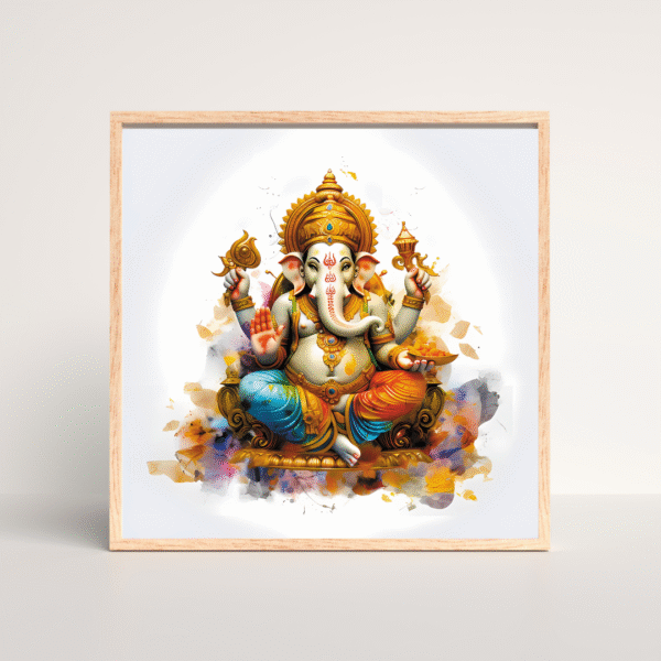 Vibrant Lord Ganesha canvas wall art with colorful splash aura
