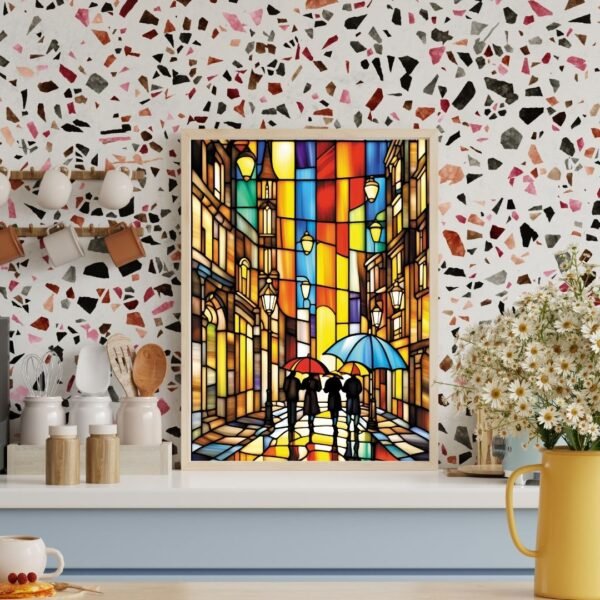 Urban Mosaic Wall Art Print – Framed A4 Size | Stained Glass Style Cityscape for Home & Office Decor - Image 2