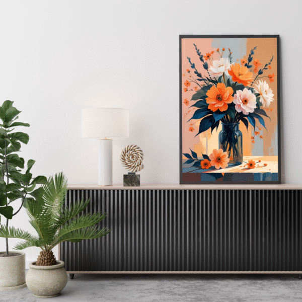 Modern Floral Wall Art – Unframed Canvas Print of Warm Orange & White Flowers in Glass Vase | Minimal Botanical Artwork for Bedroom, Living Room, or Entryway - Image 2