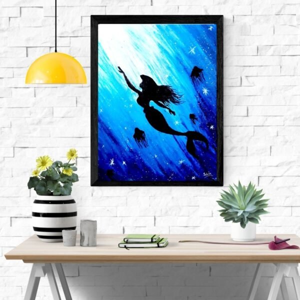 Enchanted Mermaid – A4 Framed Fantasy Wall Art Print in Dreamy Blue | Underwater Ocean Silhouette | Black & Beige Frame Options | Ready to Hang - Image 6
