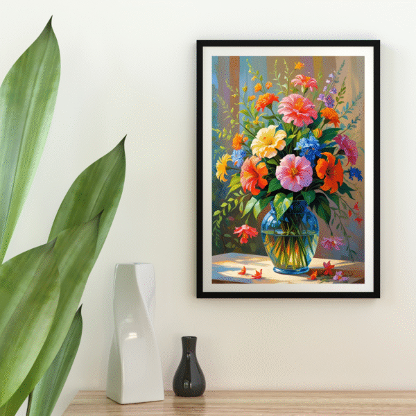 Colorful Floral Vase Wall Art – Unframed Canvas Print of Blooming Bouquet in Glass Vase | Nature-Inspired Artwork for Bedroom, Dining Room, or Office - Image 3