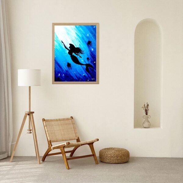 Enchanted Mermaid – A4 Framed Fantasy Wall Art Print in Dreamy Blue | Underwater Ocean Silhouette | Black & Beige Frame Options | Ready to Hang - Image 7