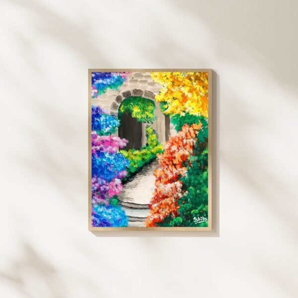 A4 framed floral wall art featuring colorful blooming flowers in a stone alleyway, with black or beige frame options