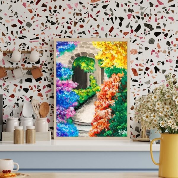 Flowers in Alley – A4 Framed Floral Alleyway Wall Art Print | Vibrant Garden Path Painting for Home & Office Décor - Image 2