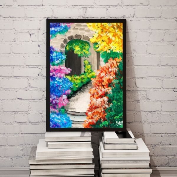 Flowers in Alley – A4 Framed Floral Alleyway Wall Art Print | Vibrant Garden Path Painting for Home & Office Décor - Image 3