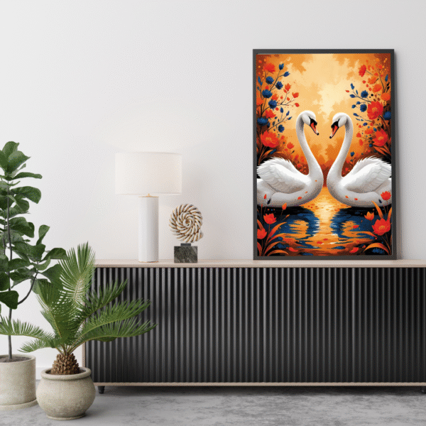 Eternal Embrace - Swan Couple at Sunset, Romantic Wall Art Print with Floral Reflections | Unframed Nature-Inspired Canvas for Bedroom, Living Room, or Gift Décor - Image 2