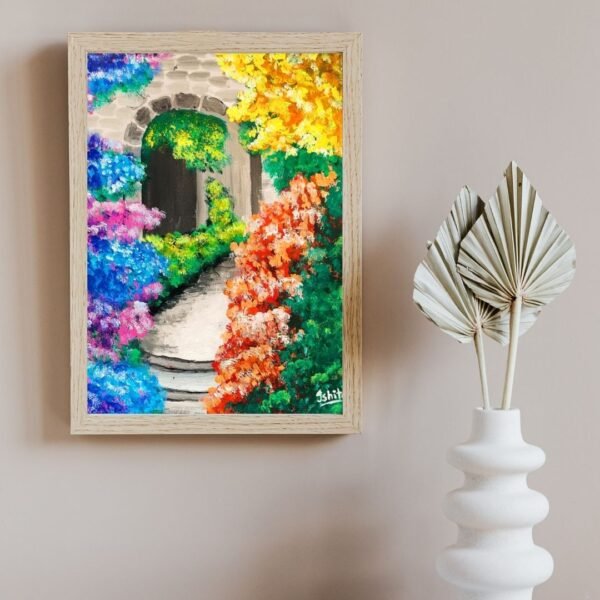 Flowers in Alley – A4 Framed Floral Alleyway Wall Art Print | Vibrant Garden Path Painting for Home & Office Décor - Image 4