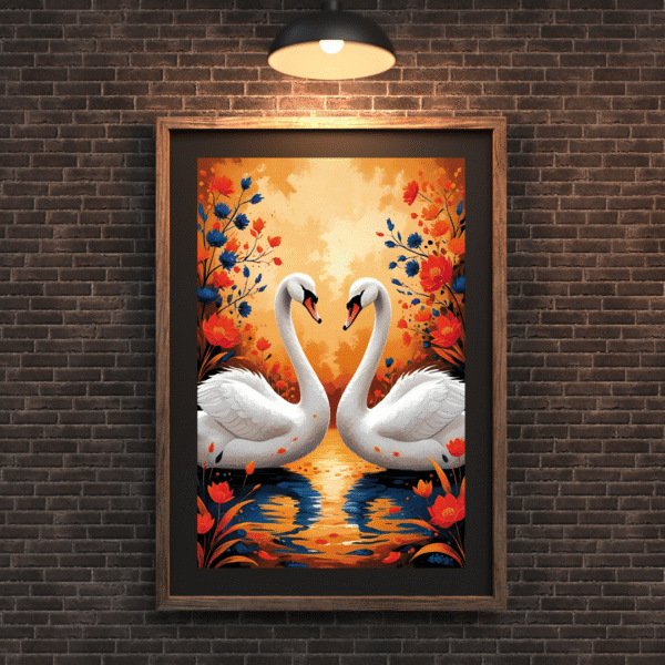 Two swans on a sunset lake with floral reflections – romantic wall art