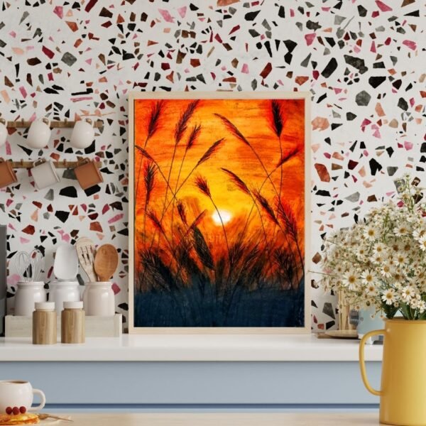 Golden Dusk – A4 Framed Sunset Nature Wall Art | Wild Grass Silhouette Print | Matte Paper | Black & Beige Frame Options - Image 8