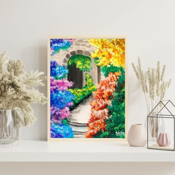 Flowers in Alley – A4 Framed Floral Alleyway Wall Art Print | Vibrant Garden Path Painting for Home & Office Décor - Image 5