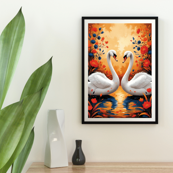 Eternal Embrace - Swan Couple at Sunset, Romantic Wall Art Print with Floral Reflections | Unframed Nature-Inspired Canvas for Bedroom, Living Room, or Gift Décor - Image 3