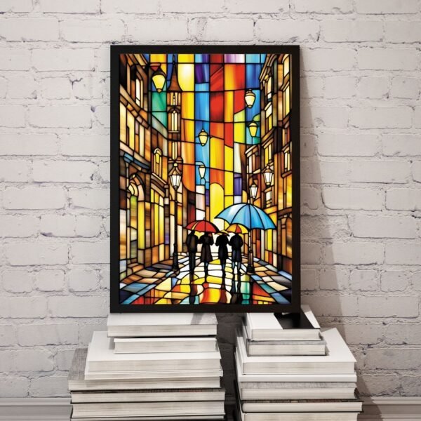 Urban Mosaic Wall Art Print – Framed A4 Size | Stained Glass Style Cityscape for Home & Office Decor - Image 4