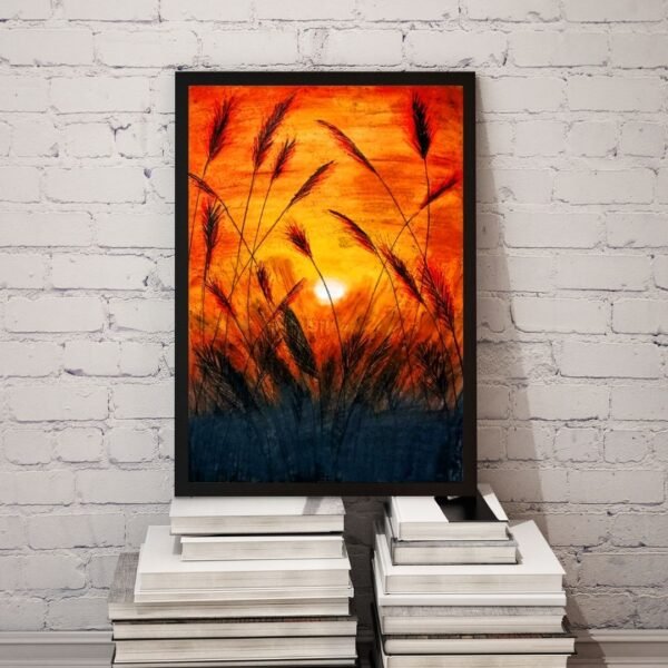 Golden Dusk – A4 Framed Sunset Nature Wall Art | Wild Grass Silhouette Print | Matte Paper | Black & Beige Frame Options - Image 2